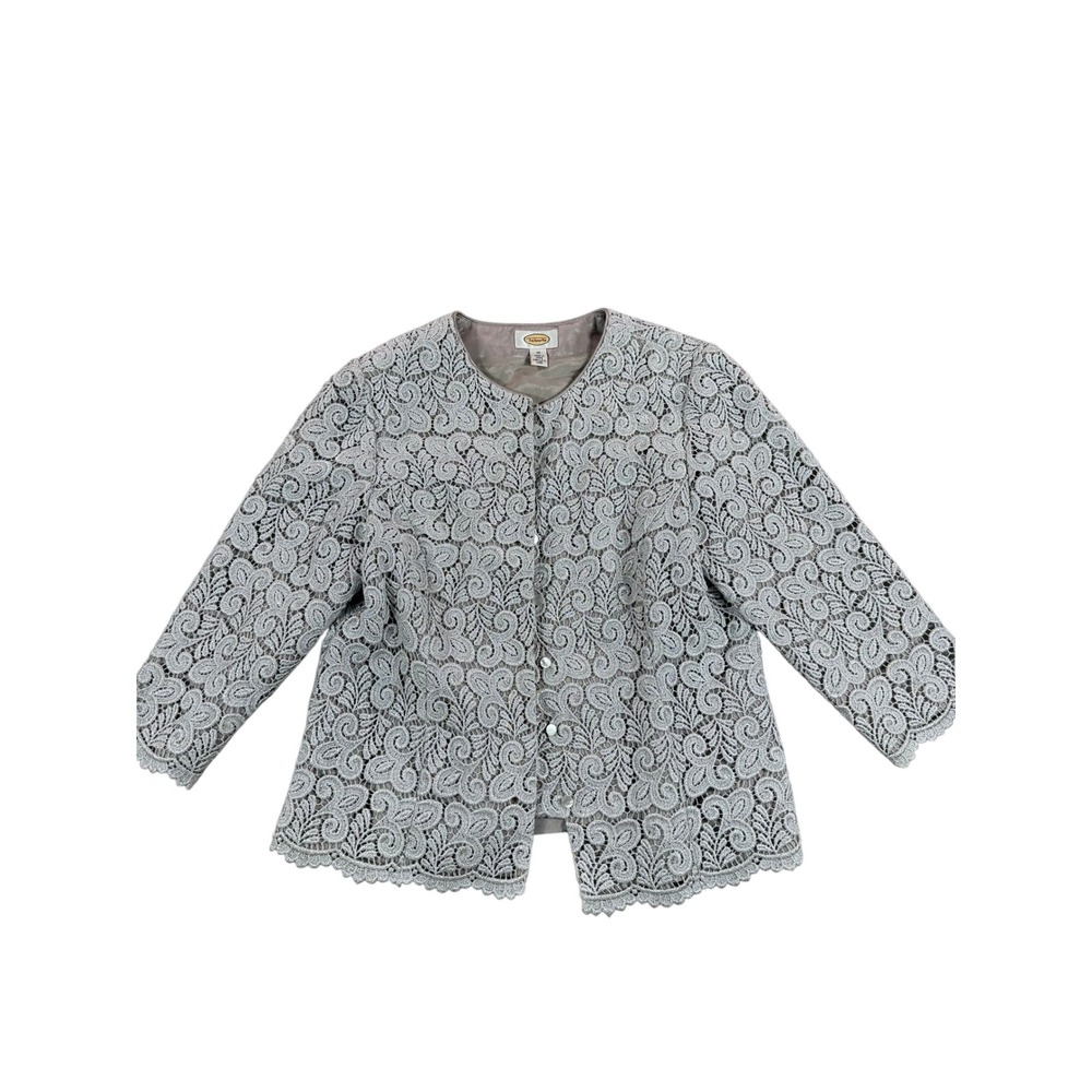 Talbots Lace Jacket Gray Metallic Button Front Women 10 Mother of Pearl Party